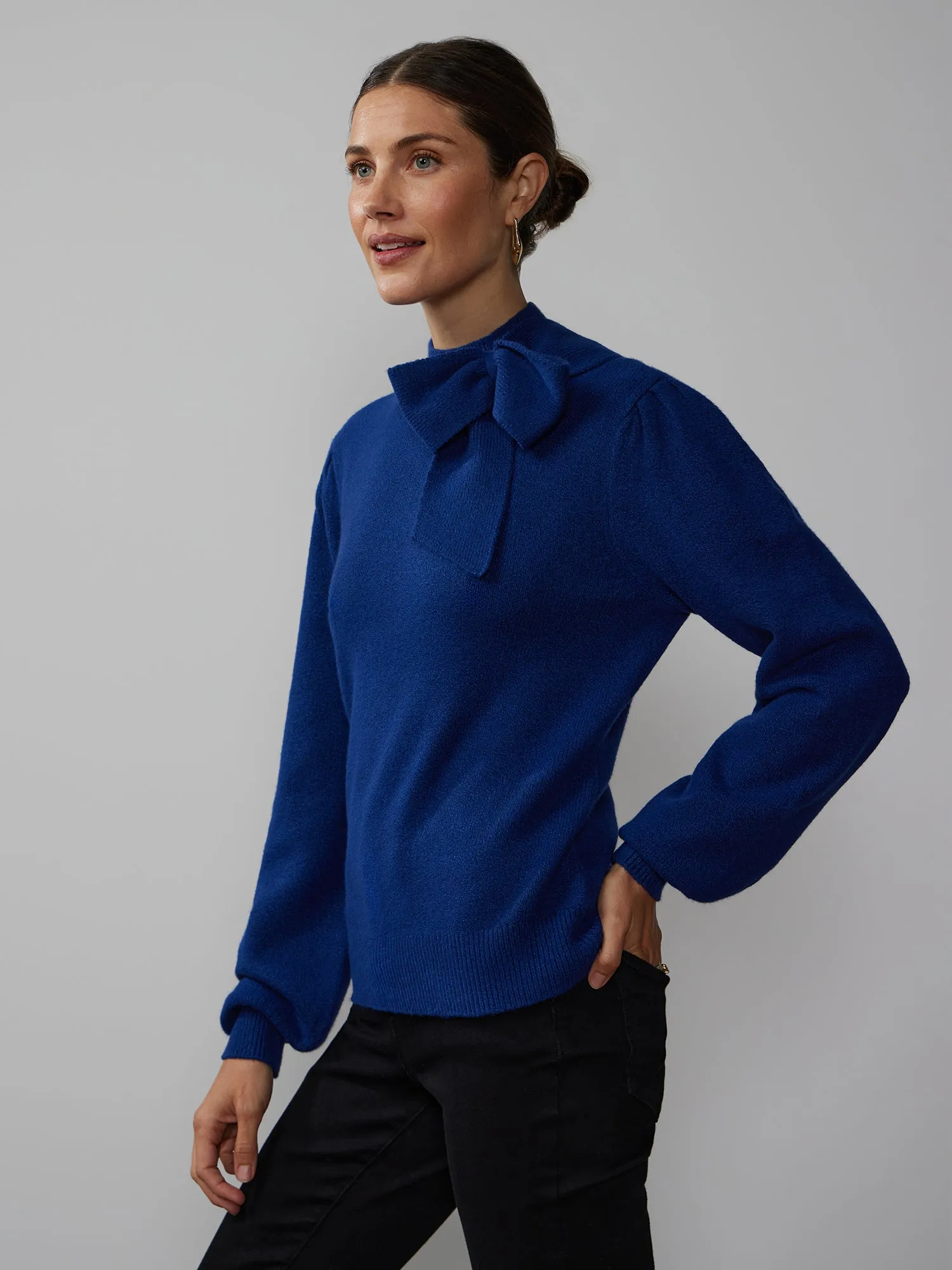 Long Puff Sleeve Bow Neck Sweater