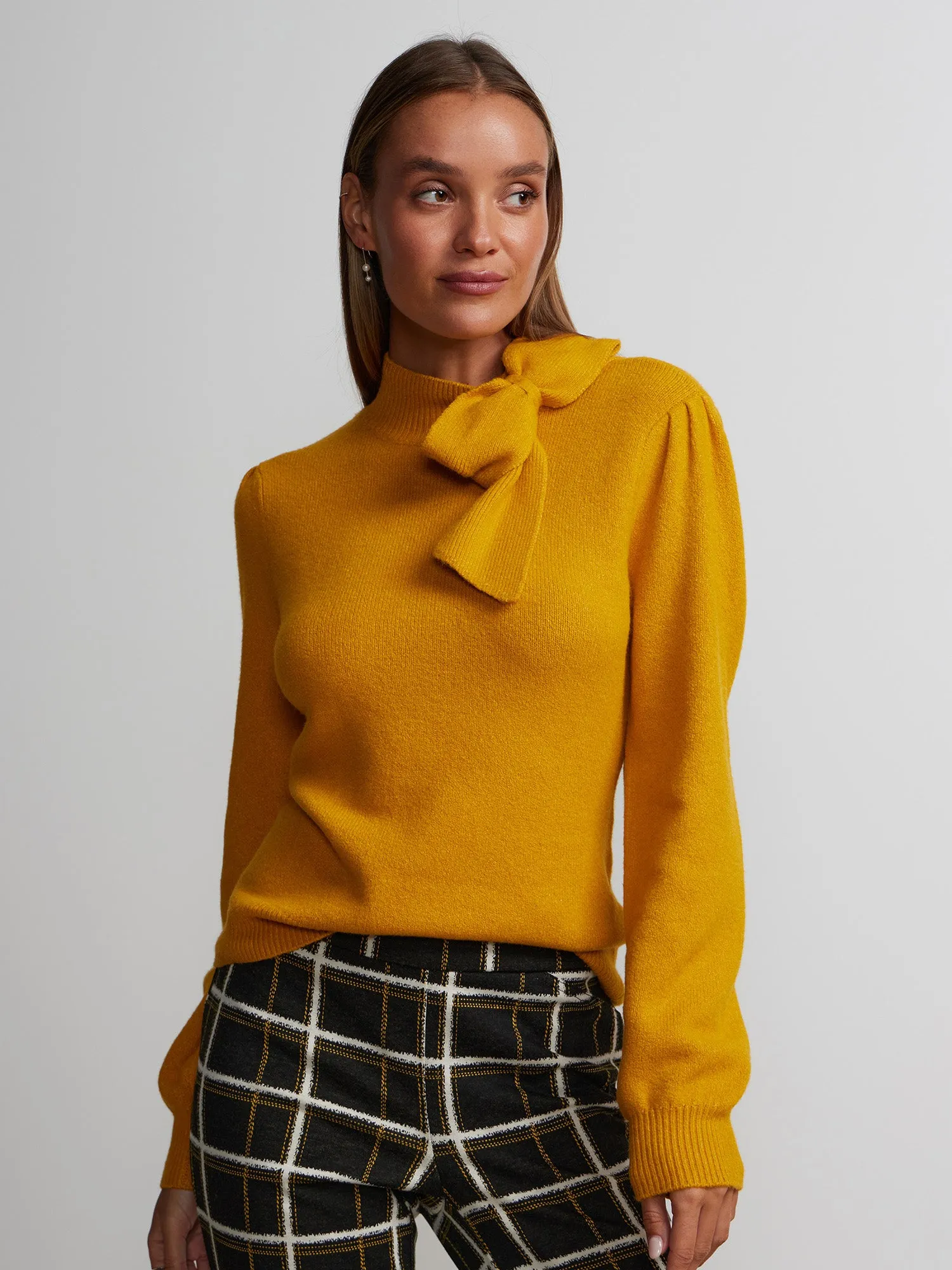 Long Puff Sleeve Bow Neck Sweater