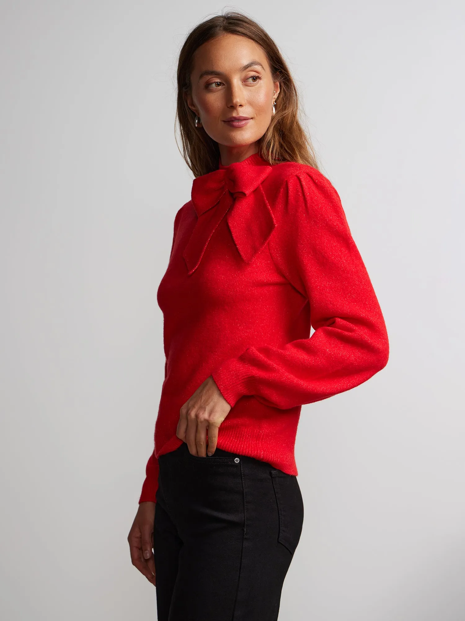 Long Puff Sleeve Bow Neck Sweater