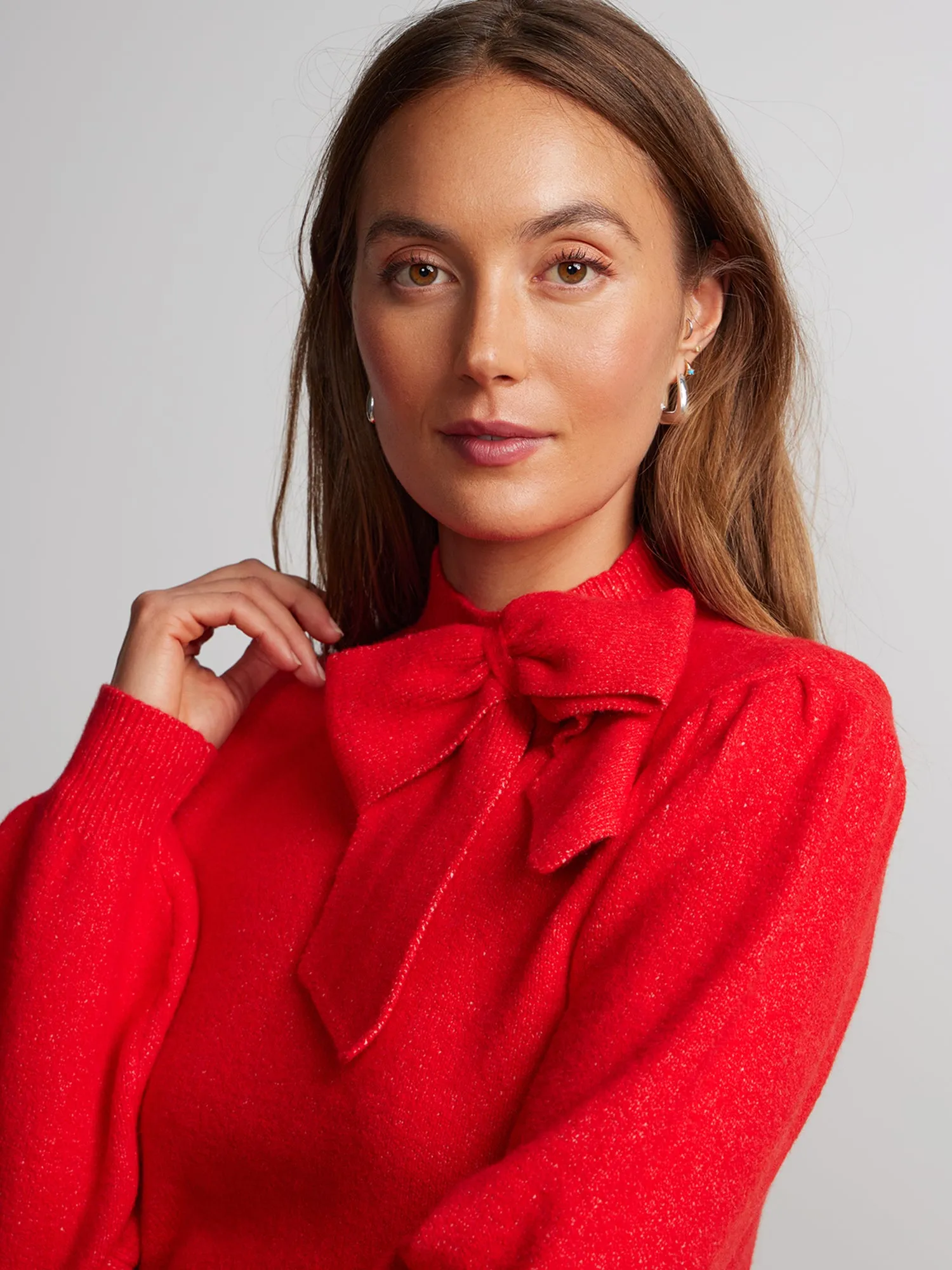 Long Puff Sleeve Bow Neck Sweater