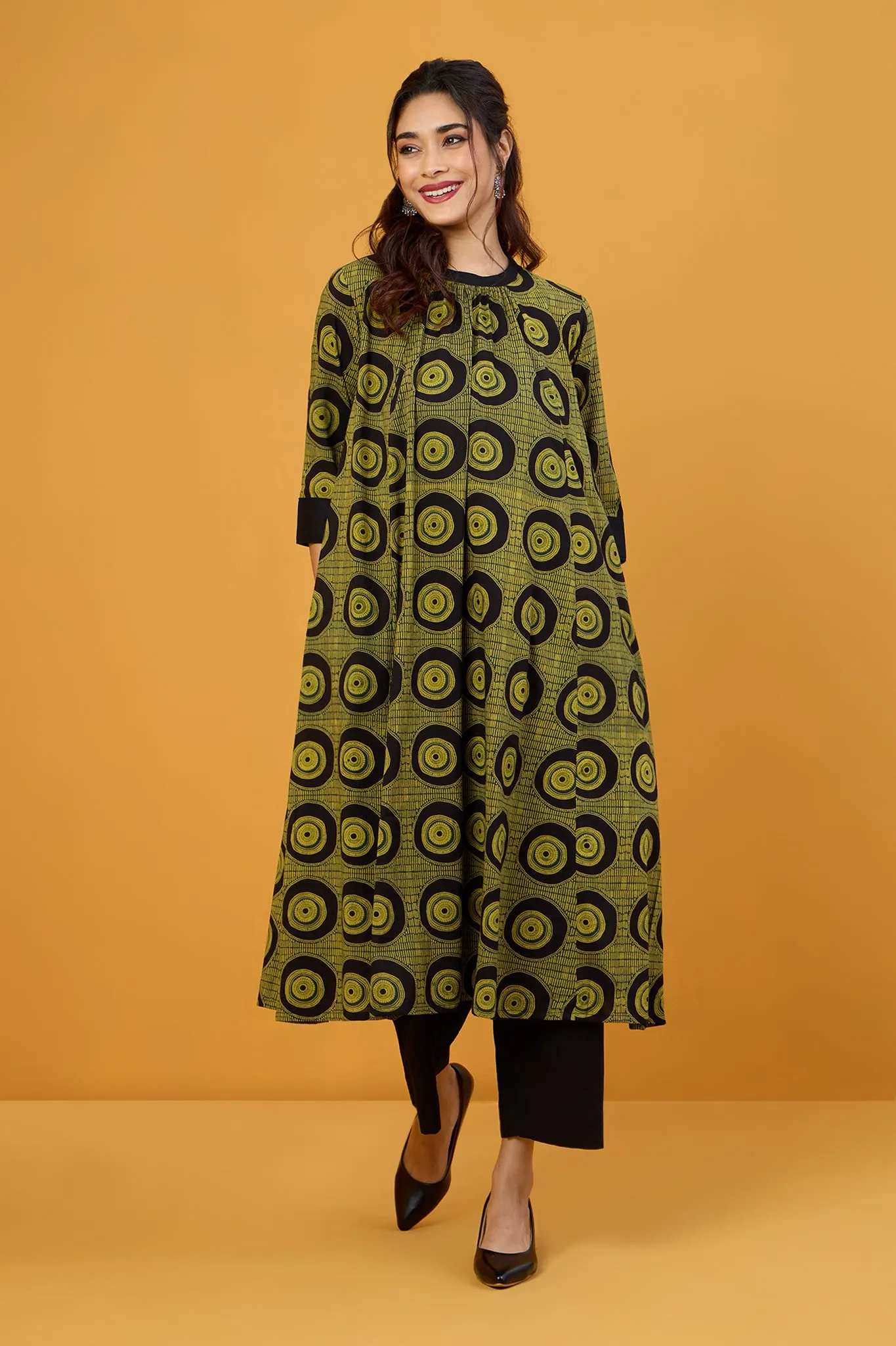 Obsidian Goldleaf Crew Neck A Line Gather Dress