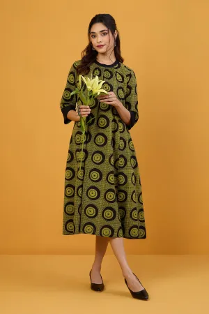 Obsidian Goldleaf Crew Neck A Line Gather Dress
