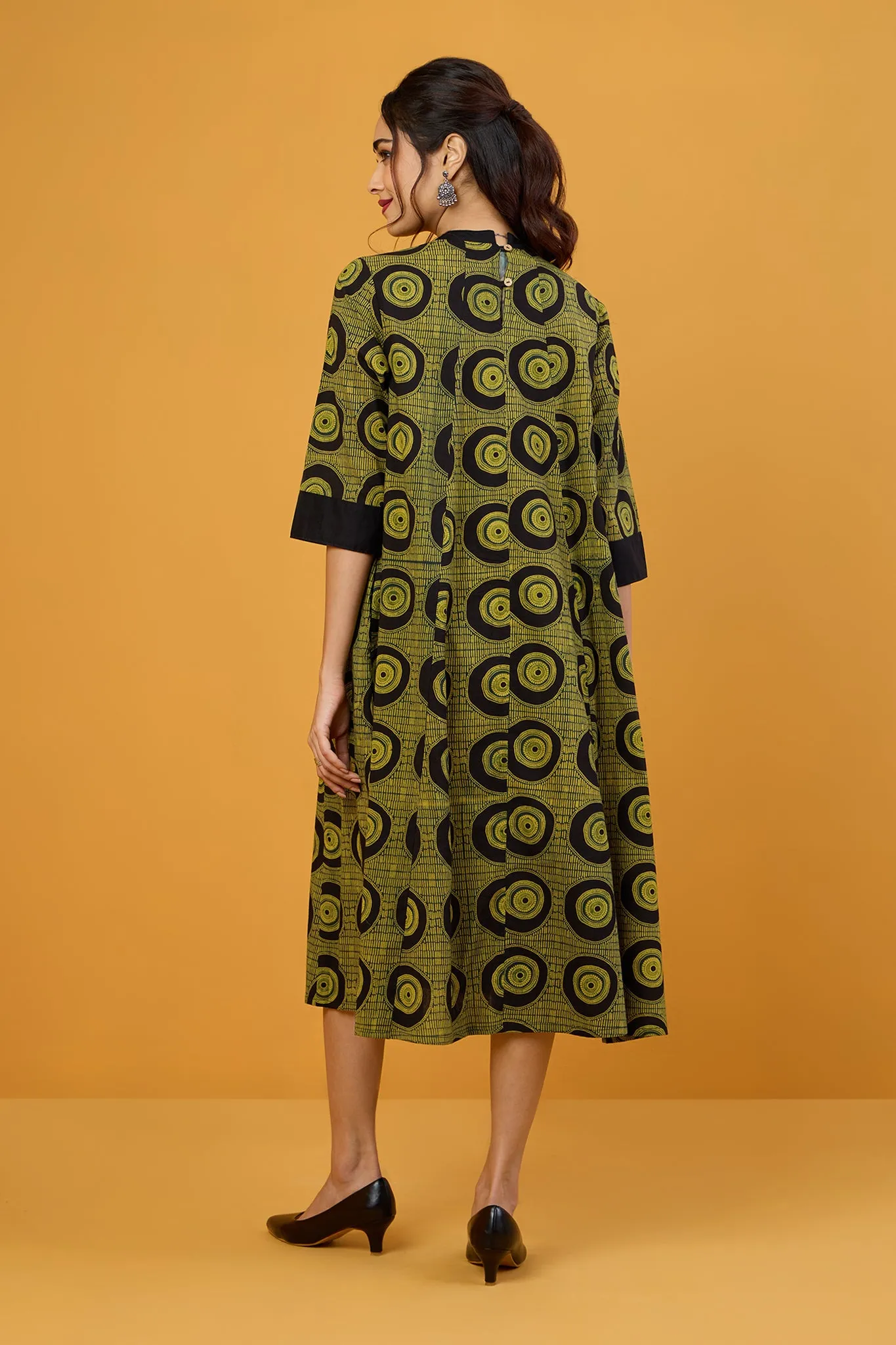 Obsidian Goldleaf Crew Neck A Line Gather Dress