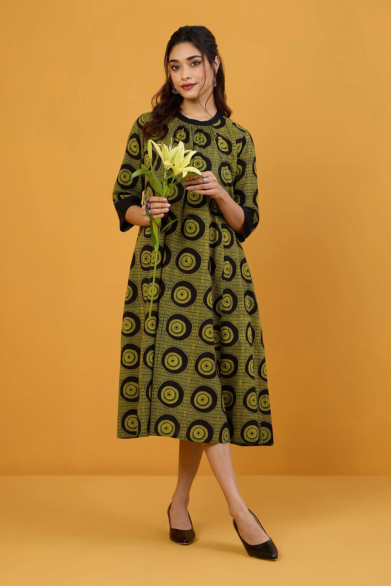 Obsidian Goldleaf Crew Neck A Line Gather Dress