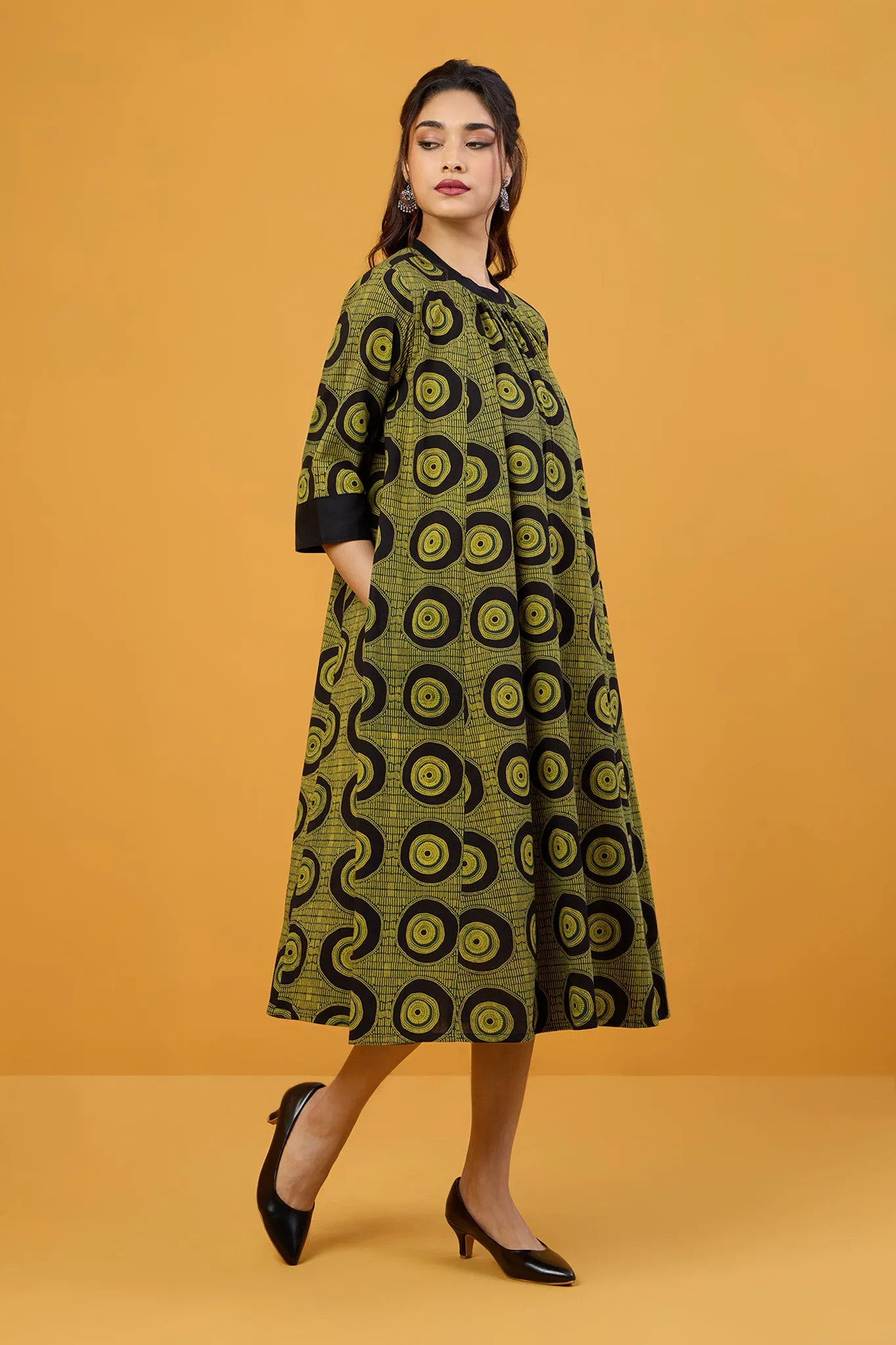 Obsidian Goldleaf Crew Neck A Line Gather Dress