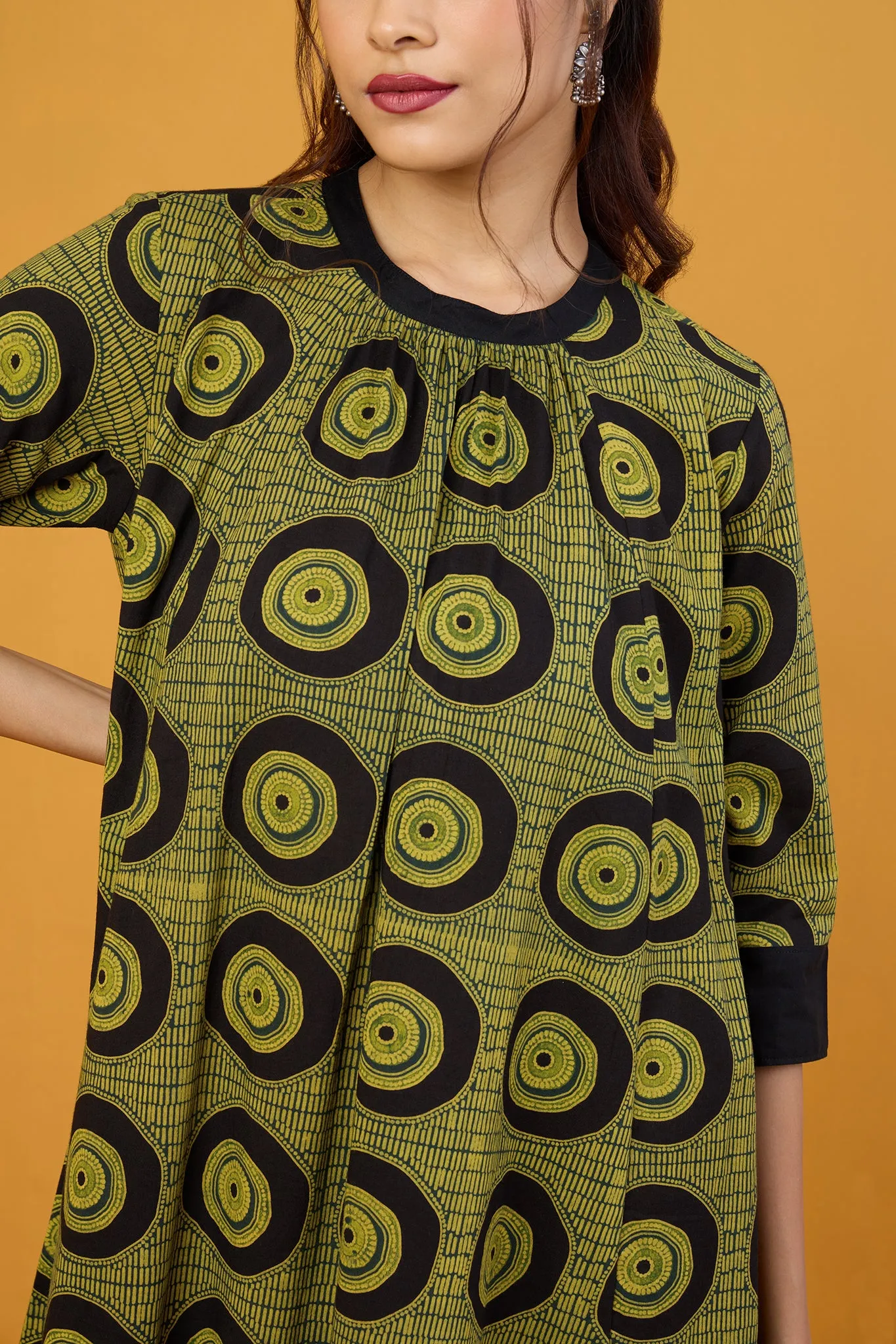 Obsidian Goldleaf Crew Neck A Line Gather Dress