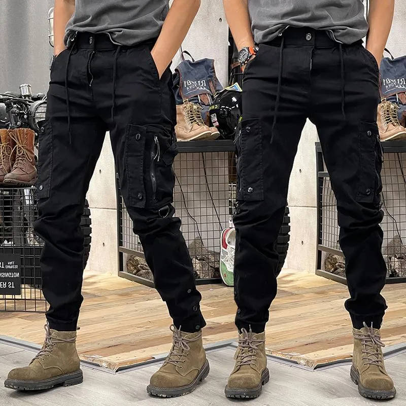 Wiaofellas mens outfits Spring and Autumn American Overalls Men's Straight Functional Outdoor Tactical Casual Pants Men's Ankle-Tied Trousers Men