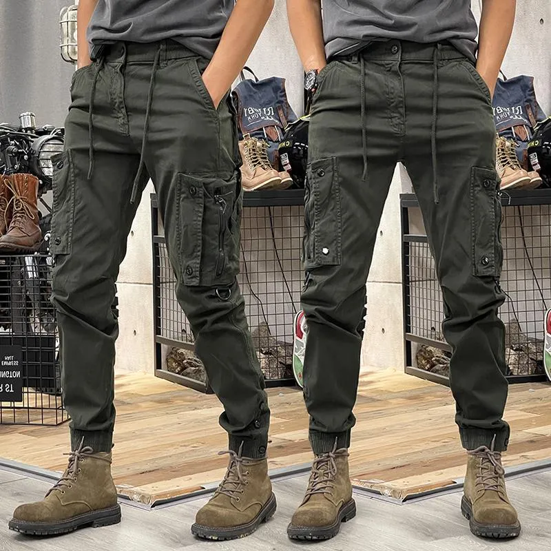 Wiaofellas mens outfits Spring and Autumn American Overalls Men's Straight Functional Outdoor Tactical Casual Pants Men's Ankle-Tied Trousers Men