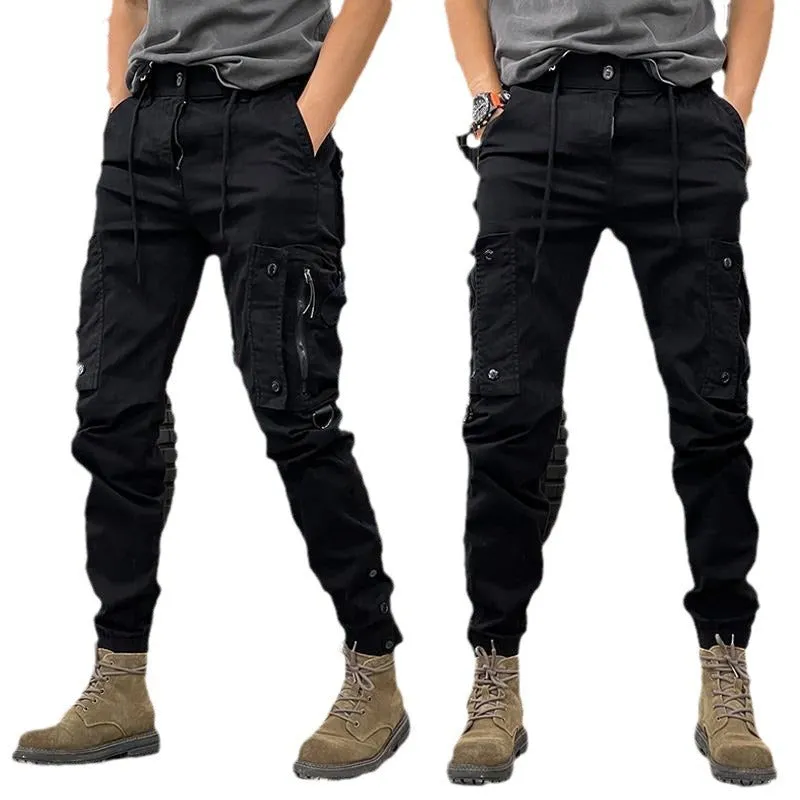Wiaofellas mens outfits Spring and Autumn American Overalls Men's Straight Functional Outdoor Tactical Casual Pants Men's Ankle-Tied Trousers Men