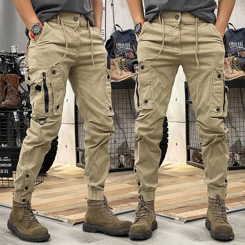 Wiaofellas mens outfits Spring and Autumn American Overalls Men's Straight Functional Outdoor Tactical Casual Pants Men's Ankle-Tied Trousers Men