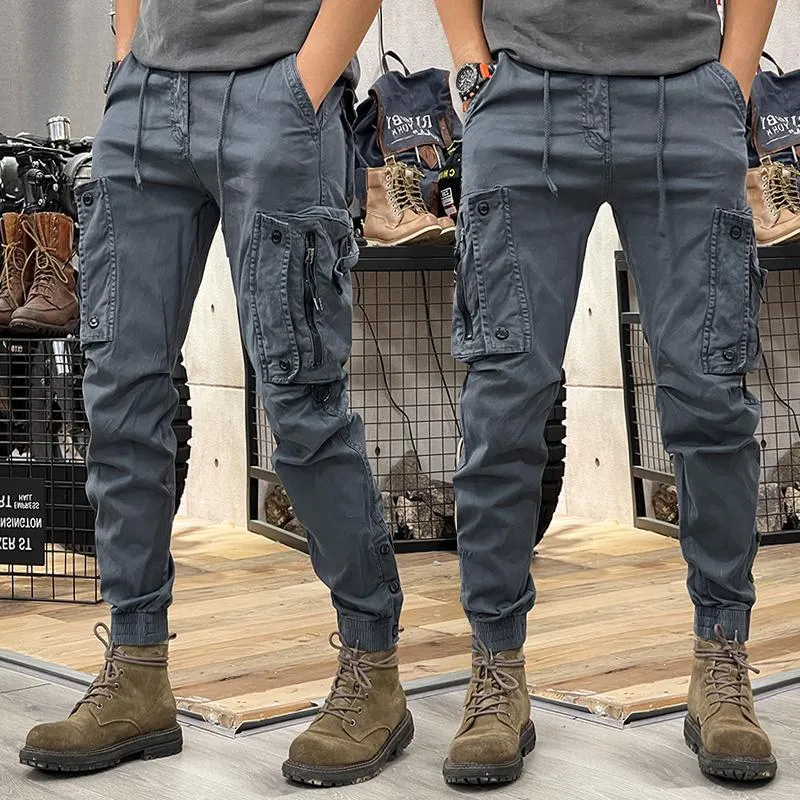 Wiaofellas mens outfits Spring and Autumn American Overalls Men's Straight Functional Outdoor Tactical Casual Pants Men's Ankle-Tied Trousers Men